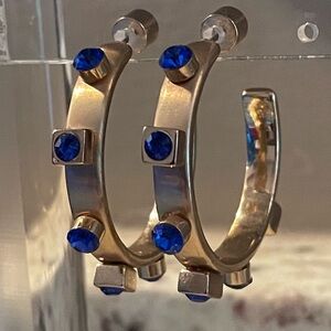 Smith & Co Metal Jewel Hoop Earrings Gold with Sapphire Blue Jewels